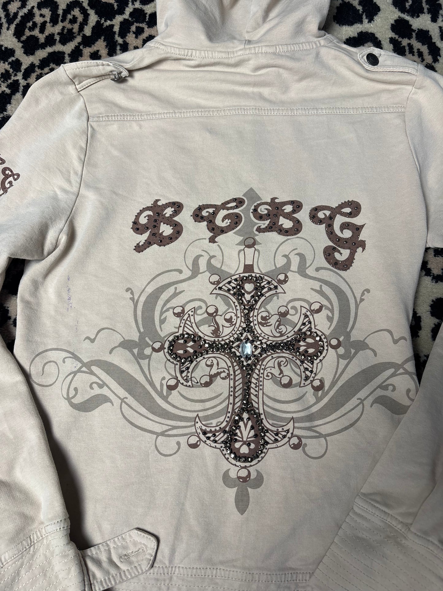 BCBG tan beaded zip up size M