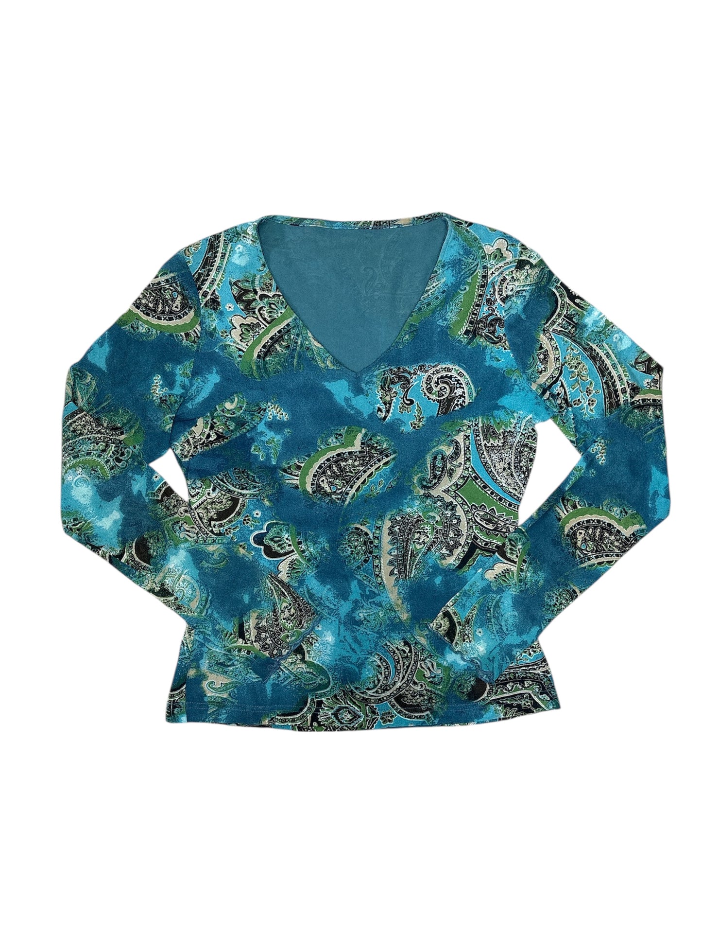 Blue and green graphic mesh long sleeve size s/m
