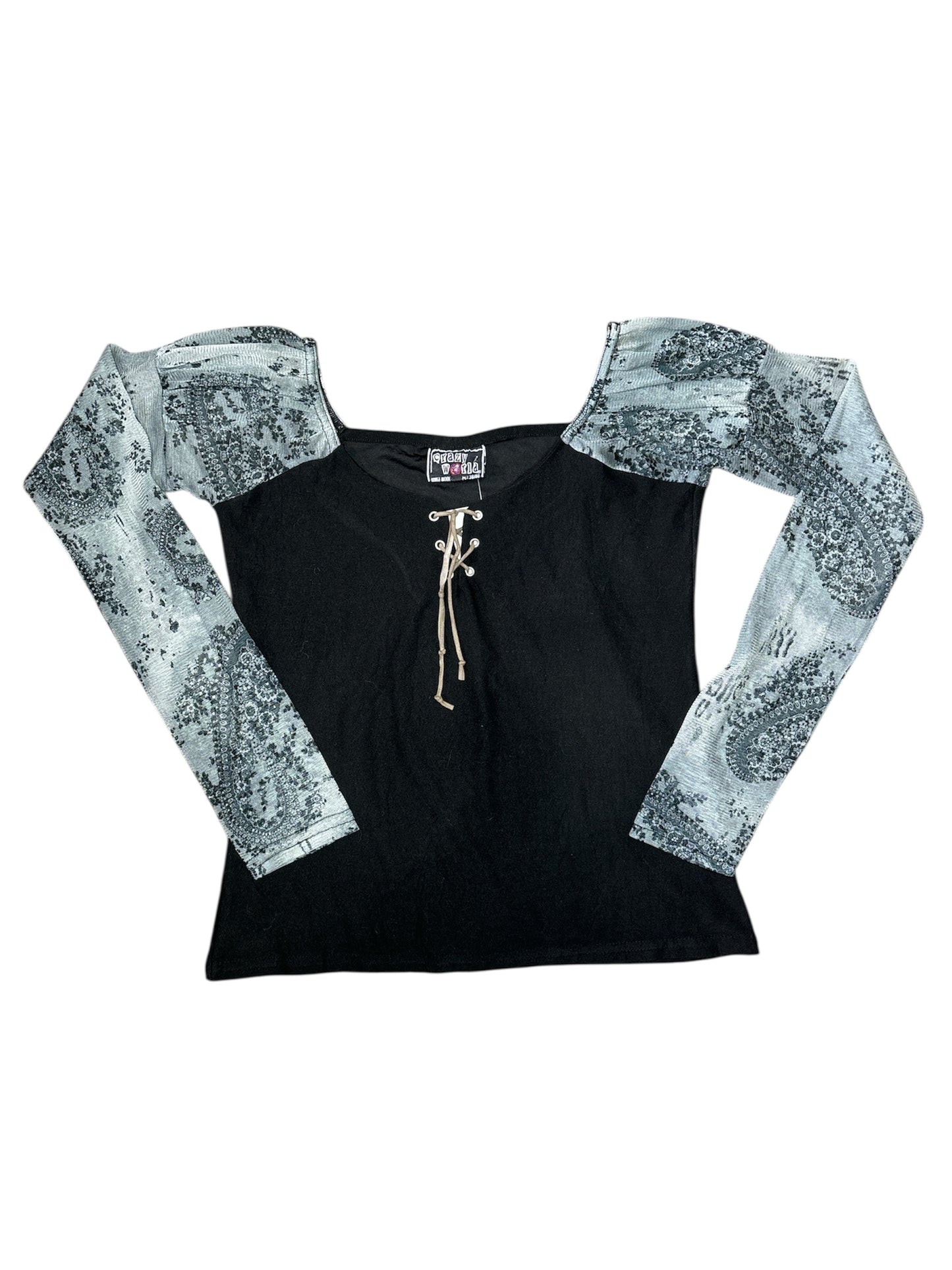 Crazy world mesh sleeve lace up ls top size M