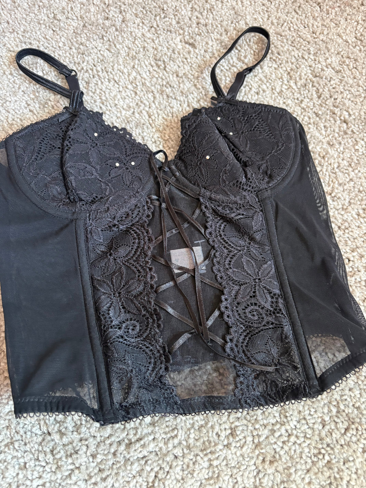 Black lace rhinestone cropped tank size 34B