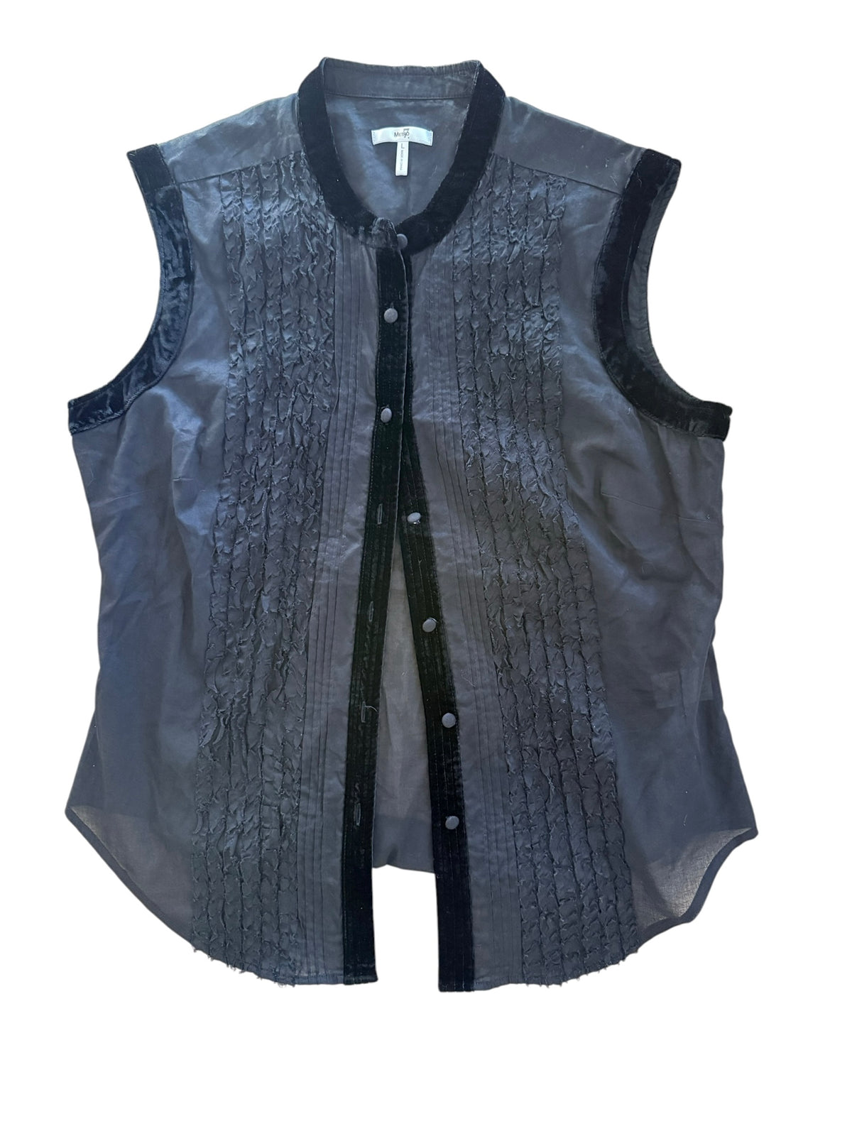 Black Textured Velvet Trim Button-Up Sleeveless Top Size Large