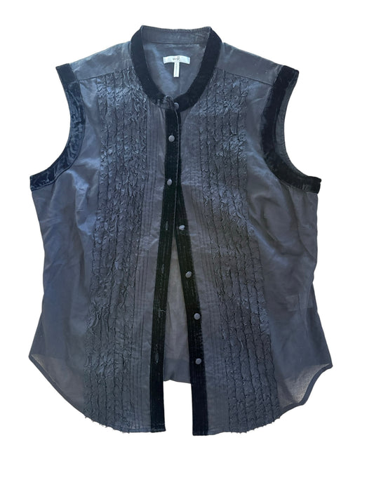 Black Textured Velvet Trim Button-Up Sleeveless Top Size Large