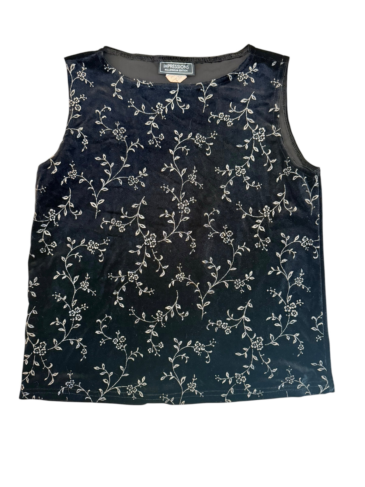 Black Velvet Gold Floral Vine Sleeveless Top Size Medium