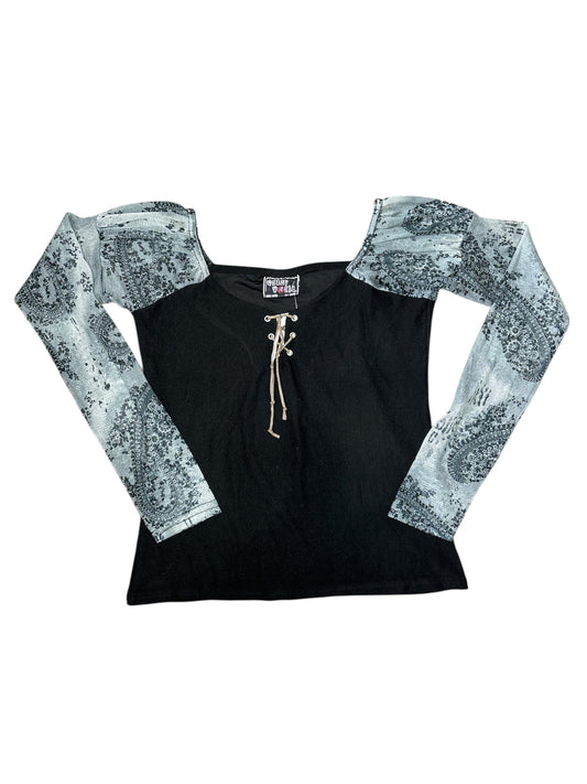 Crazy world mesh sleeve lace up ls top size M