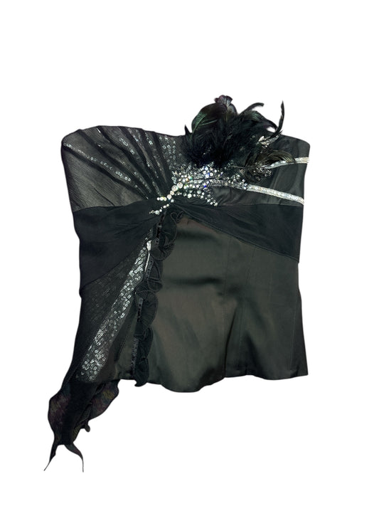 Karen Millen England 100% silk strapless corset with rhinestone, feather, ruffle detail size 4