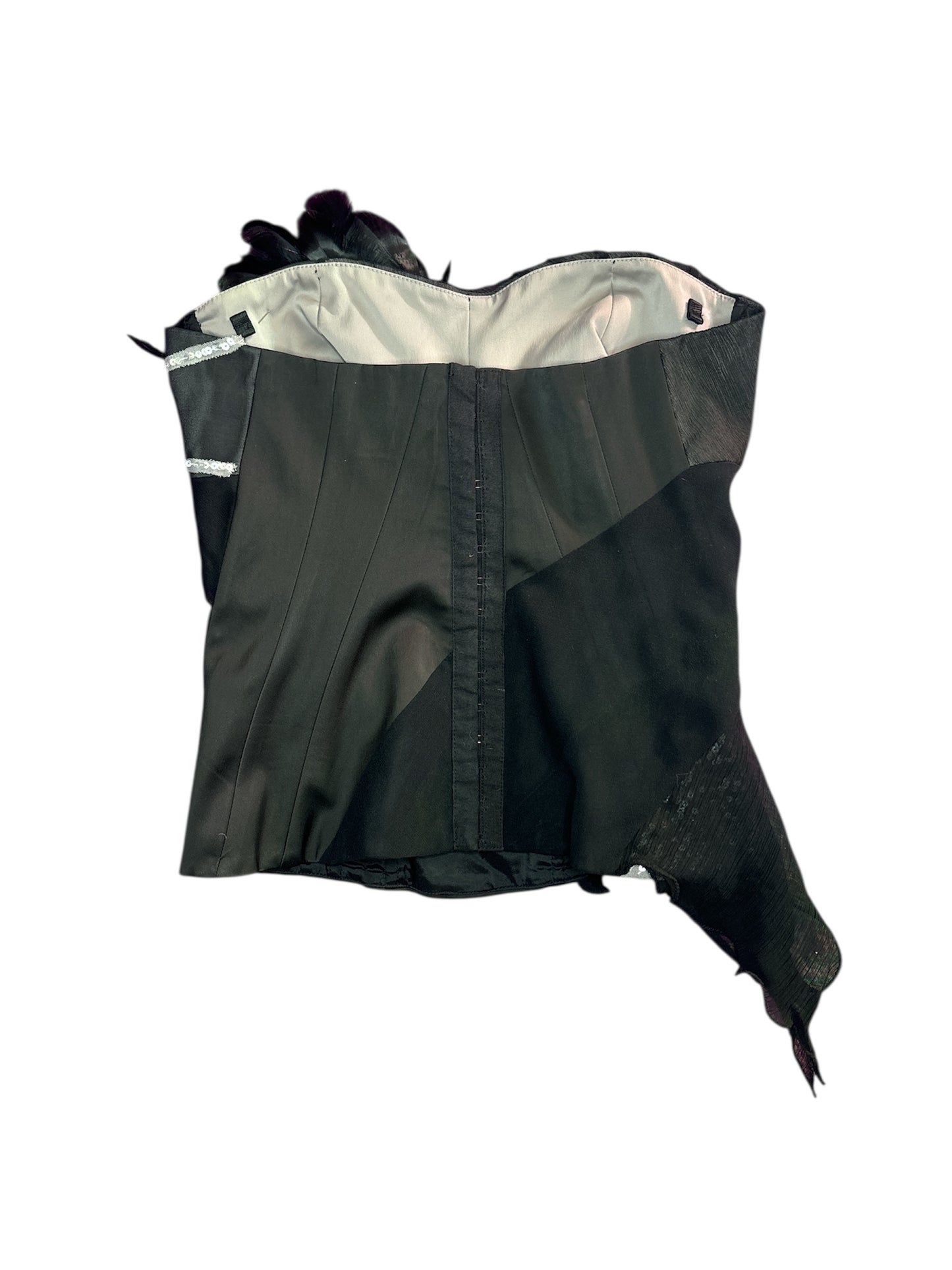 Karen Millen England 100% silk strapless corset with rhinestone, feather, ruffle detail size 4