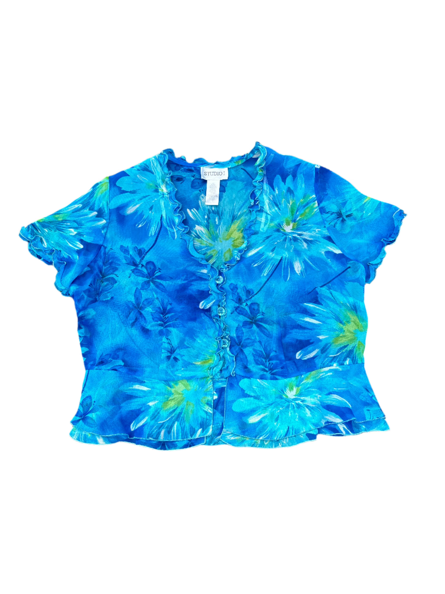 Studio I sheer tropical button up top size 14